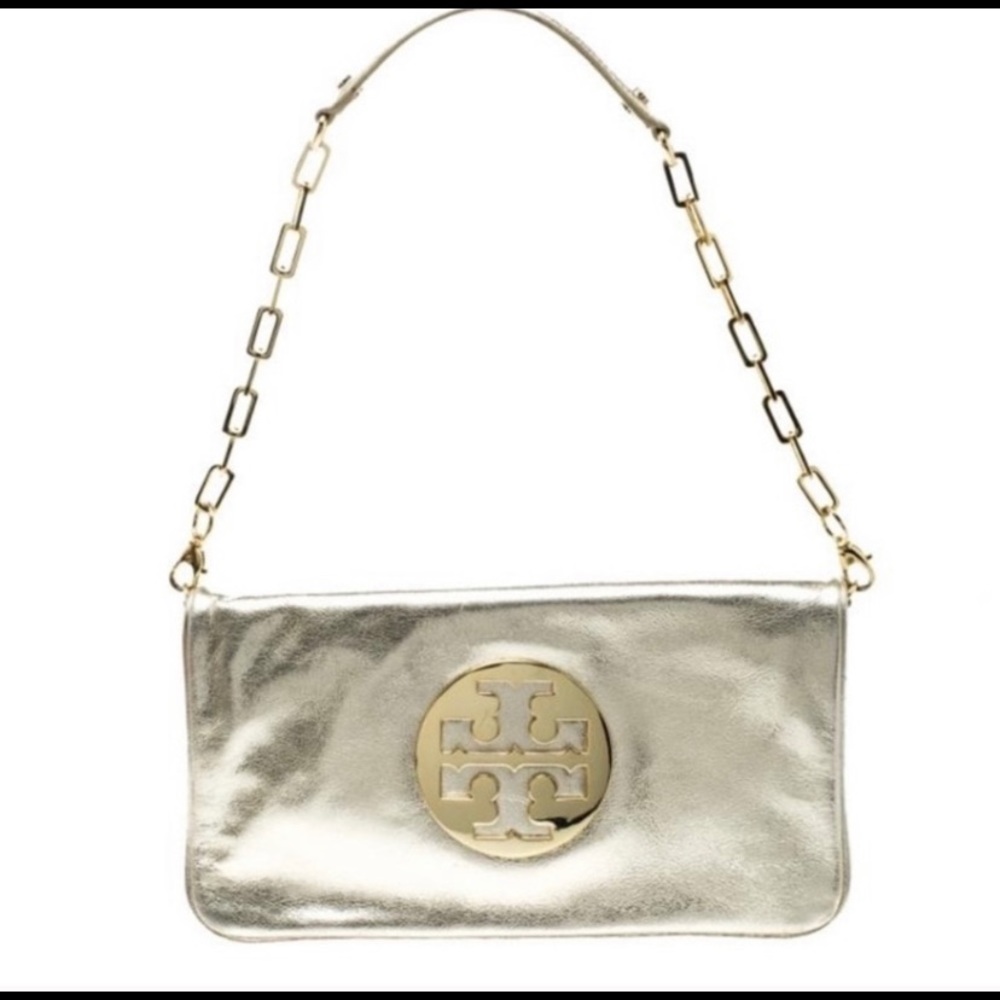 Tory Burch Metallic Gold Leather Reva Clutch Bag